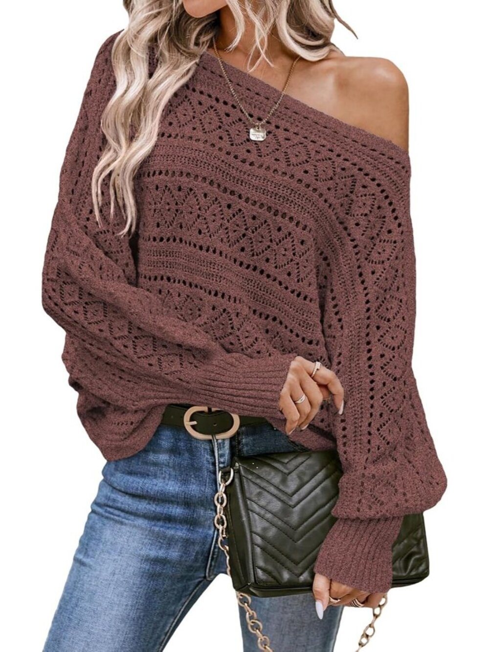 Women's Red Dahlia Crochet Boat Neck Long Batwing Sleeve Loose Fashion Sweaters